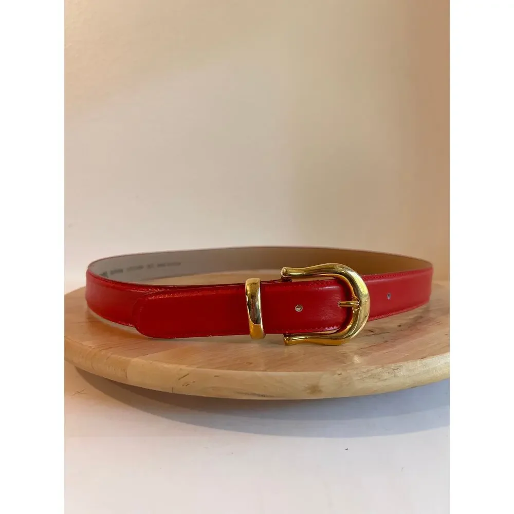 Vintage 90s Capezio Red Genuine Leather Gold Buckle Belt Size Large